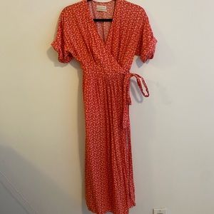 Urban Outfitters Short Sleeve Floral Red Wrap Midi Dress S